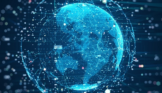 An image of global data network connections over a blue image of earth